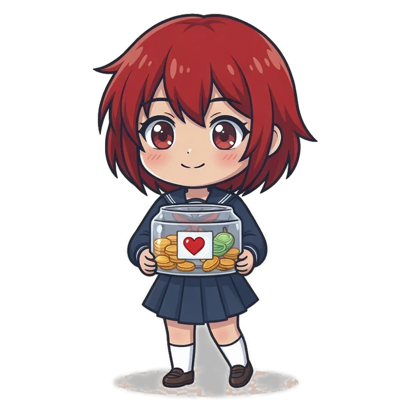 Yuno-chan, la mascota de Jepang.org, con una hucha de donaciones